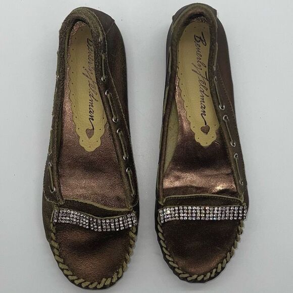 Beverly Feldman Flushed Vintage Metallic Rhinestone Kitten Heel Loafers - Picture 5 of 12